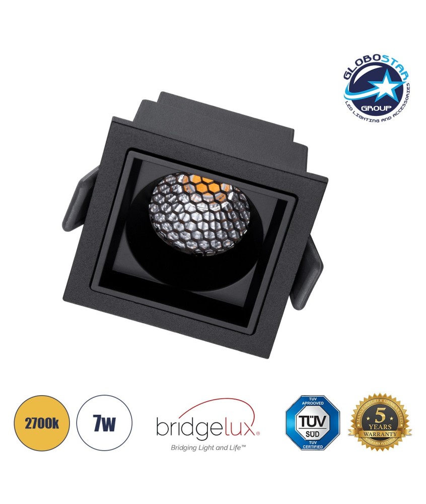 GLOBOSTAR® PLUTO-S 60269 Χωνευτό Downlight Σποτ με Honeycomb Anti Glare Reflector LED 7W 875lm 38° AC 220-240V IP20 Θερμό Λευκό 2700K - Bridgelux COB Chip & TÜV SÜD Driver - Μαύρο Ματ - Μ6.4 x Π6.4 x Υ4.9cm - Q5.5 x 5.5cm - 5 Χρόνια Εγγύηση